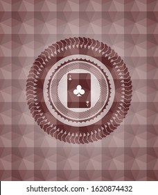 ace of clover icon inside red emblem or badge with abstract geometric polygonal pattern background. Seamless.
