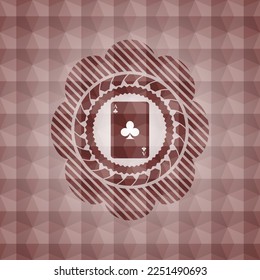 ace of clover icon inside red seamless badge with geometric pattern. 