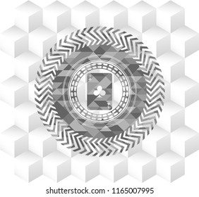 ace of clover icon inside retro style grey emblem with geometric cube white background