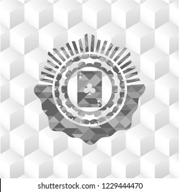 ace of clover icon inside retro style grey emblem with geometric cube white background