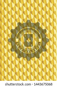 ace of clover icon inside shiny golden emblem. Scales pattern. Vector Illustration. Detailed.