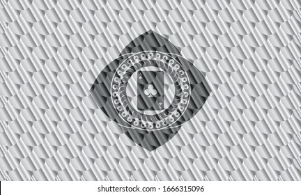 ace of clover icon inside shiny silver badge. Scales pattern. Vector Illustration. Detailed.