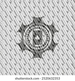 ace of clover icon inside silver badge or emblem. Scales pattern. Vector Illustration. Detailed. 
