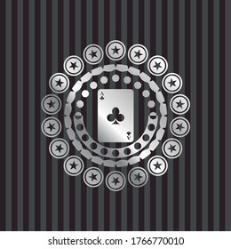 ace of clover icon inside silvery badge or emblem. 