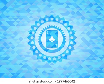 ace of clover icon inside sky blue emblem with triangle mosaic background. 