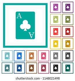 Ace of clubs card flat color icons with quadrant frames on white background