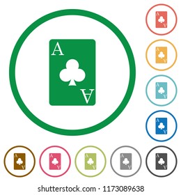 Ace of clubs card flat color icons in round outlines on white background