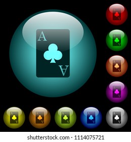 Ace of clubs card icons in color illuminated spherical glass buttons on black background. Can be used to black or dark templates