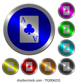 Ace of clubs card icons on round luminous coin-like color steel buttons