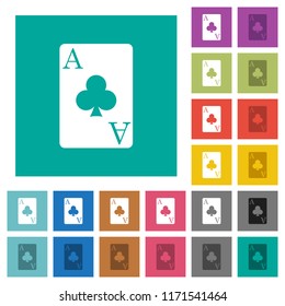 Ace of clubs card multi colored flat icons on plain square backgrounds. Included white and darker icon variations for hover or active effects.