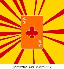 Ace of clubs card on a background of red flash explosion radial lines. The large orange symbol is located in the center of the sun, symbolizing the sunrise. Vector illustration on yellow background