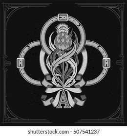 Ace of clubs form and thistle floral pattern inside belt and ribbon form. Design element white on blackboard