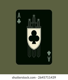 Ás de Clubes, jogando pôquer em design preto. Linhas de traçado editáveis. Ilustração isolada de vetor. Espadas e Escudo.
