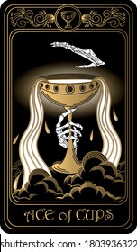 Ace of cups. Card of Minor arcana black and gold tarot cards. Tarot deck. Vector hand drawn illustration with skulls, occult, mystical and esoteric symbols.