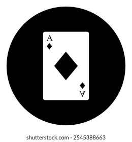 A ace of diamond card in the center. Isolated white symbol in black circle. Vector illustration on white background