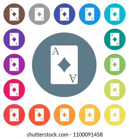 Ace of diamonds card flat white icons on round color backgrounds. 17 background color variations are included.