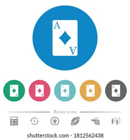 Ace of diamonds card flat white icons on round color backgrounds. 6 bonus icons included.