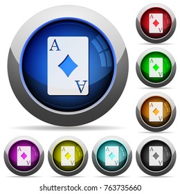 Ace of diamonds card icons in round glossy buttons with steel frames