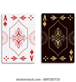 Ace of diamonds in classic red and golden color. Vector illustration.