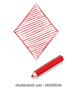Ace of Diamonds Playing Card Icon Drawn and Shaded by a Red Pencil with Shadow