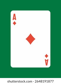 Ás de ouros jogando carta com símbolo vermelho e letra em um fundo branco, definido contra uma superfície verde. Conceito de jogos de azar e casino. Ilustração vetorial