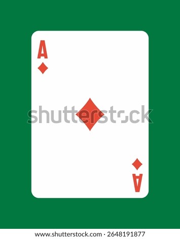 Ace of diamonds playing card with red symbol and letter on a white background, set against a green surface. Concept of gambling and casino games. Vector illustration