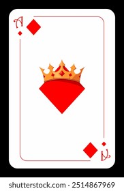 Ace of diamonds. Strict simple design of playing cards with the image of a crown in cartoon style. Vector illustration