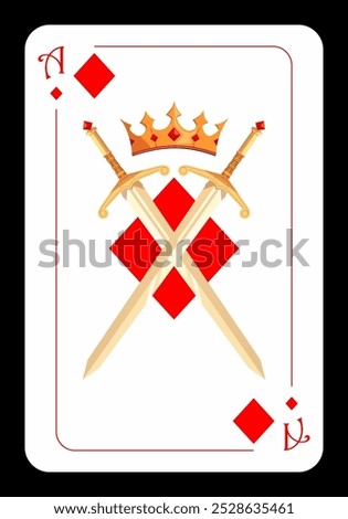 Ace of diamonds. Strict simple design of playing cards in cartoon style with two crossed swords and crown. Vector illustration