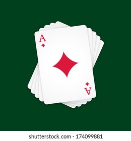 Ace of Diamonds at the top of the deck of cards on green background