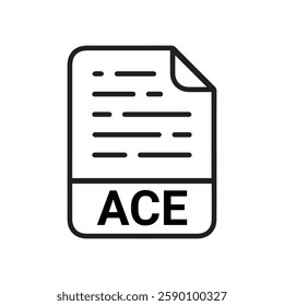 ACE file icon set. ACE file type symbol. File ACE format icon in black filled and outlined style isolated on transparent background.