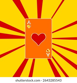 Ás de cartão cardíaco em um plano de fundo de linhas radiais de explosão de flash vermelho. O grande símbolo laranja está localizado no centro do sol, simbolizando o nascer do sol. Ilustração vetorial no plano de fundo amarelo