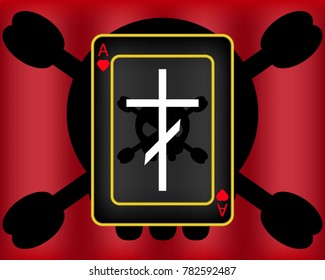 Ace of hearts and a black skull, white grave cross on a red background, vector
