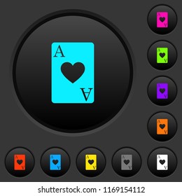 Ace of hearts card dark push buttons with vivid color icons on dark grey background