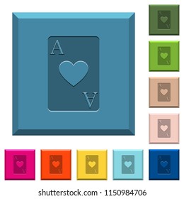 Ace of hearts card engraved icons on edged square buttons in various trendy colors