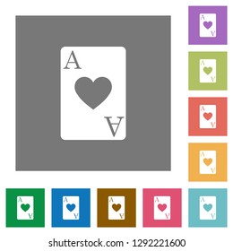 Ace of hearts card flat icons on simple color square backgrounds