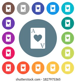 Ace of hearts card flat white icons on round color backgrounds. 17 background color variations are included.