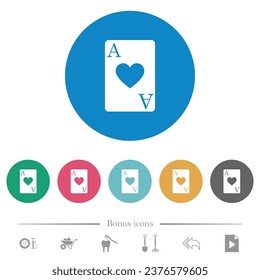 Ace of hearts card flat white icons on round color backgrounds. 6 bonus icons included.