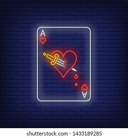 Ace of hearts with dagger playing card neon sign. Gambling, poker, casino, game design. Night bright neon sign, colorful billboard, light banner. Vector illustration in neon style.