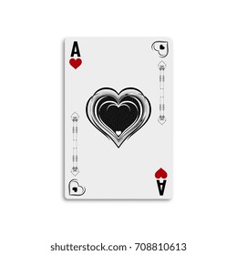 Ace of hearts. Design card from a deck of cards for playing poker and casino. Vector illustration.