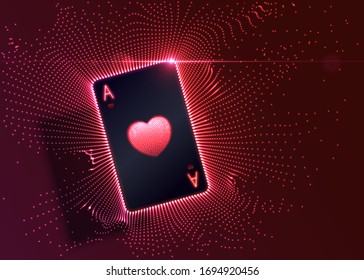 Ace of Hearts flying, glowing neon card with lights. Vector background.
