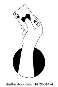 Ace of hearts in hands from a chen hole. The magician takes out a card from the hole. Playing card as a symbol of winning and risk in a casino and good luck.
