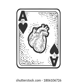 Ace of hearts with human anatomical heart sketch engraving vector illustration. T-shirt apparel print design. Scratch board imitation. Black and white hand drawn image.