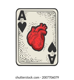 Ace of hearts with human anatomical heart color line art sketch engraving vector illustration. T-shirt apparel print design. Scratch board imitation. Black and white hand drawn image.