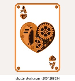 Ace of hearts playing card in steampunk style. Vector illustration.