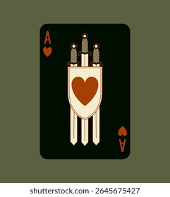 Ace of Hearts, playing poker card in black design. Editable stroke lines. Isolated vector illustration. 	