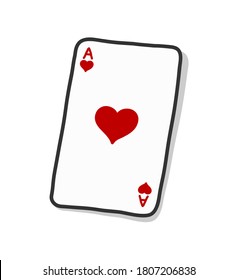 Ace of Hearts poker card, hand drawn vector doodle illustration of Ace of Hearts in a poker game, isolated on white background.