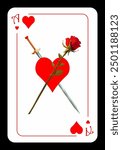 Ace of hearts. Rose and sword on the background of the heart. Strict simple design of playing cards in cartoon style. Vector illustration on white background