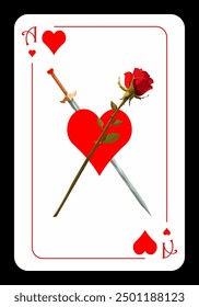 Ace of hearts. Rose and sword on the background of the heart. Strict simple design of playing cards in cartoon style. Vector illustration on white background