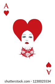 Ace of hearts with a woman's face and necklace of roses and thorns
