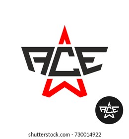 Ace letters logo. Word ACE with star linear silhouette. Leadership and success symbol.